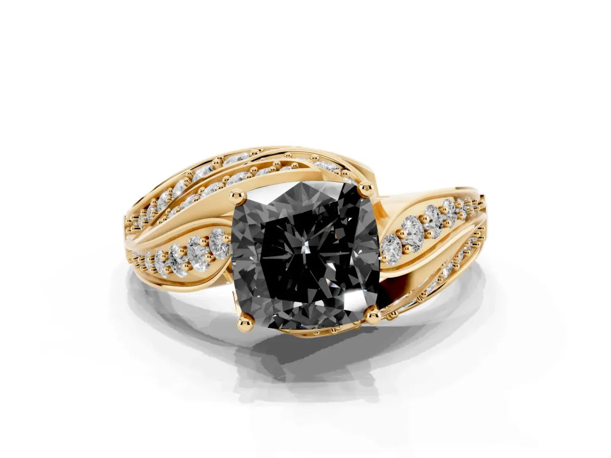 Fancy Black Cushion Cut Diamond Solitaire Ring with Prong Setting and Twisted Pavé Band Yellow gold