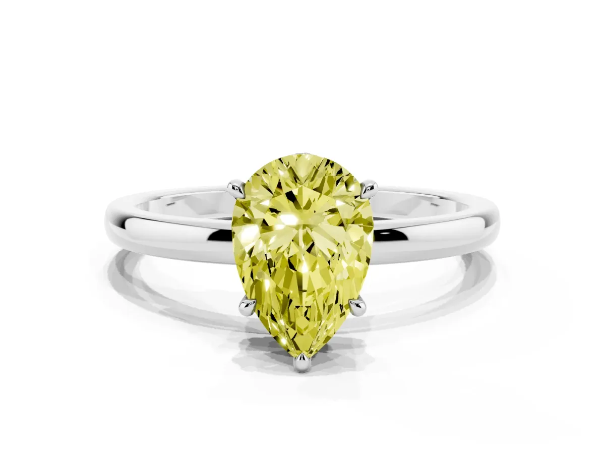 Fancy Yellow Pear Cut Solitaire Engagement Ring with Cathedral Band and Four-Prong Setting Silver