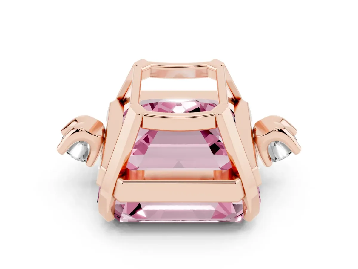 Fancy Pink Asscher Cut Cut Three-Stone Solitaire Ring with Round Accent Diamonds and Four-Prong Setting Rose gold