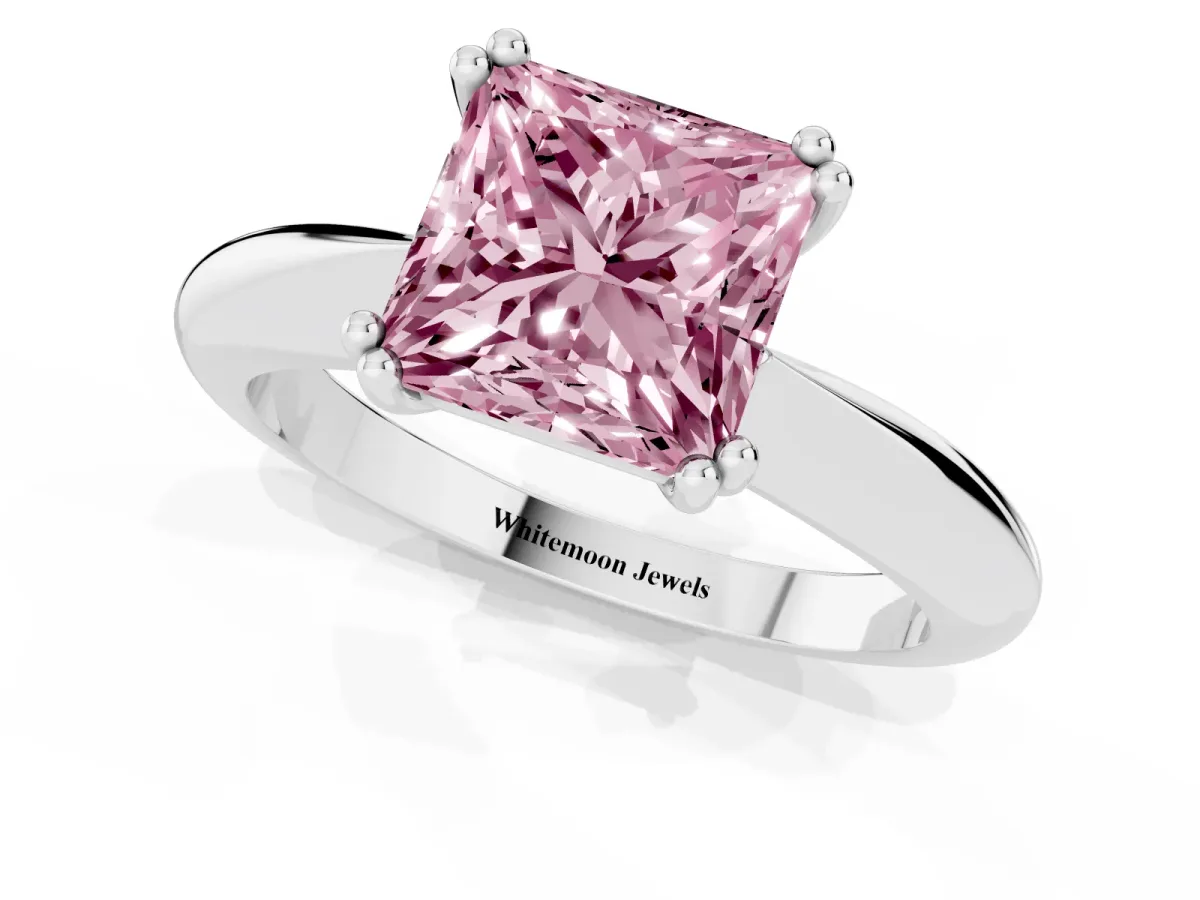 Fancy Pink Princess Cut Cut Solitaire Engagement Ring with Tapered Band and Four-Prong Setting Platinum