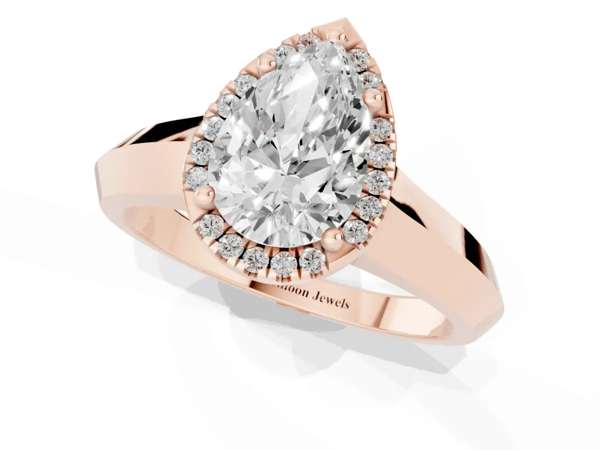 Pear Cut Halo Diamond Ring with Cathedral Band and Four-Prong Setting Rose gold