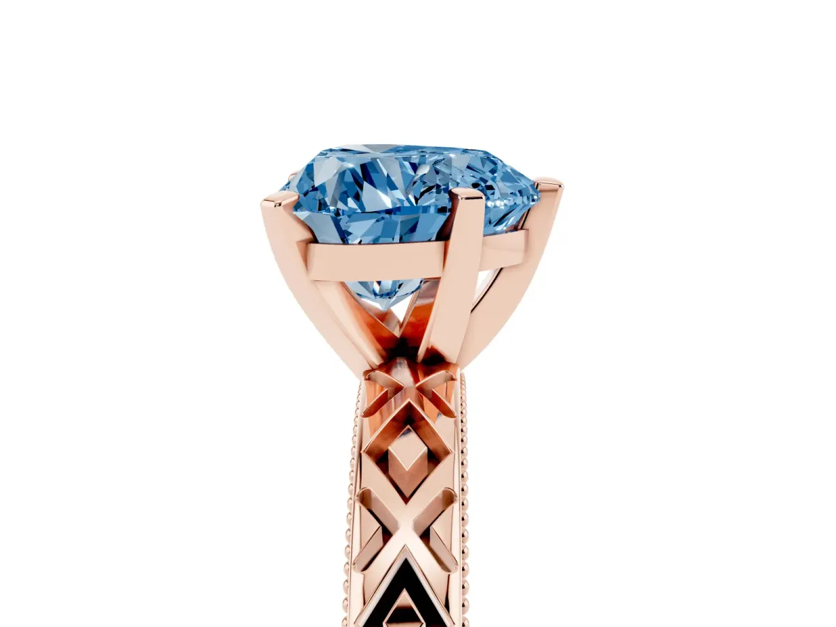 Fancy Blue Heart Cut Solitaire Diamond Ring with Milgrain and Black Enamel X Pattern Band Rose gold