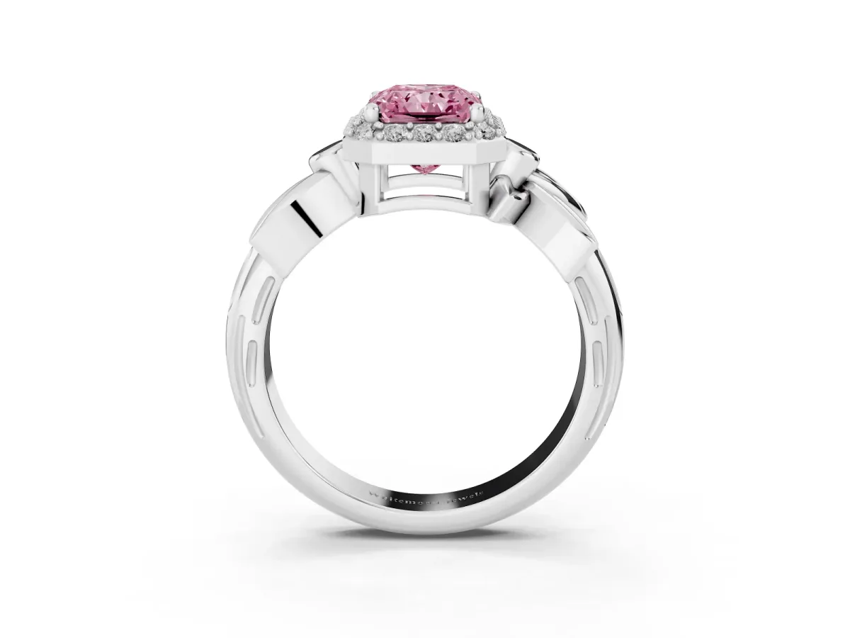 Fancy Pink Radiant Cut Halo Diamond Floral Band with Four-Prong Setting Platinum