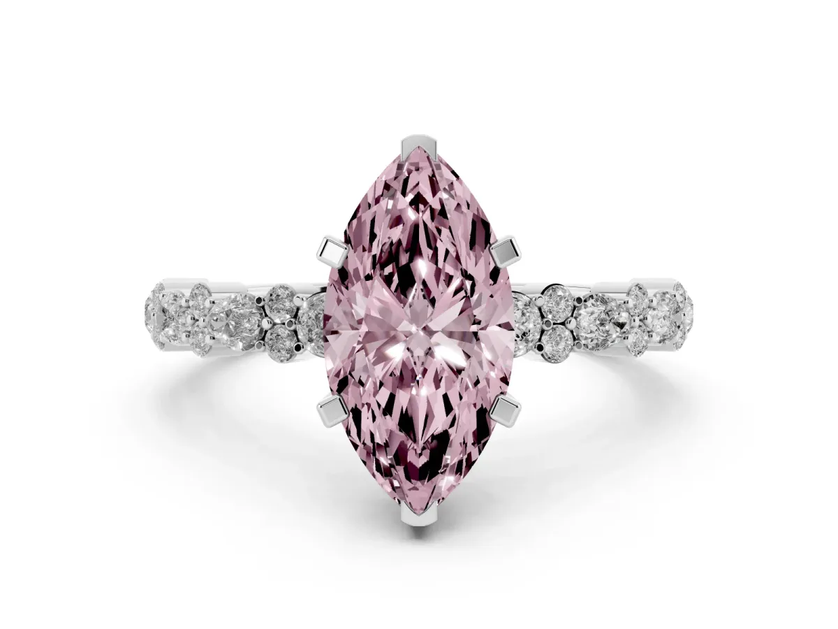 Fancy Pink Marquise Cut Diamond Side Stone Solitaire Ring with Round and Four-Prong Setting Platinum