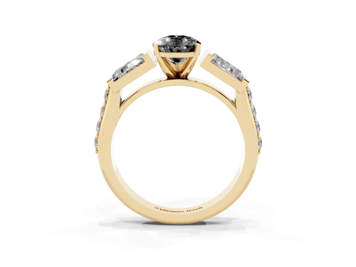 Fancy Black Pear Cut Diamond Engagement Ring with Baguette Side Stones and Channel Set Band Yellow gold