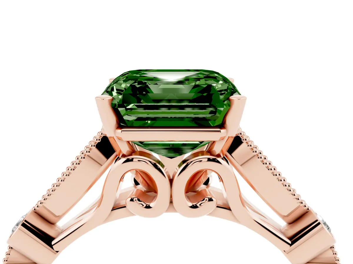 Fancy Green Asscher Cut Cut Diamond with Milgrain Marquise and Bezel Accents on a Solitaire Band with Prong Setting Rose gold