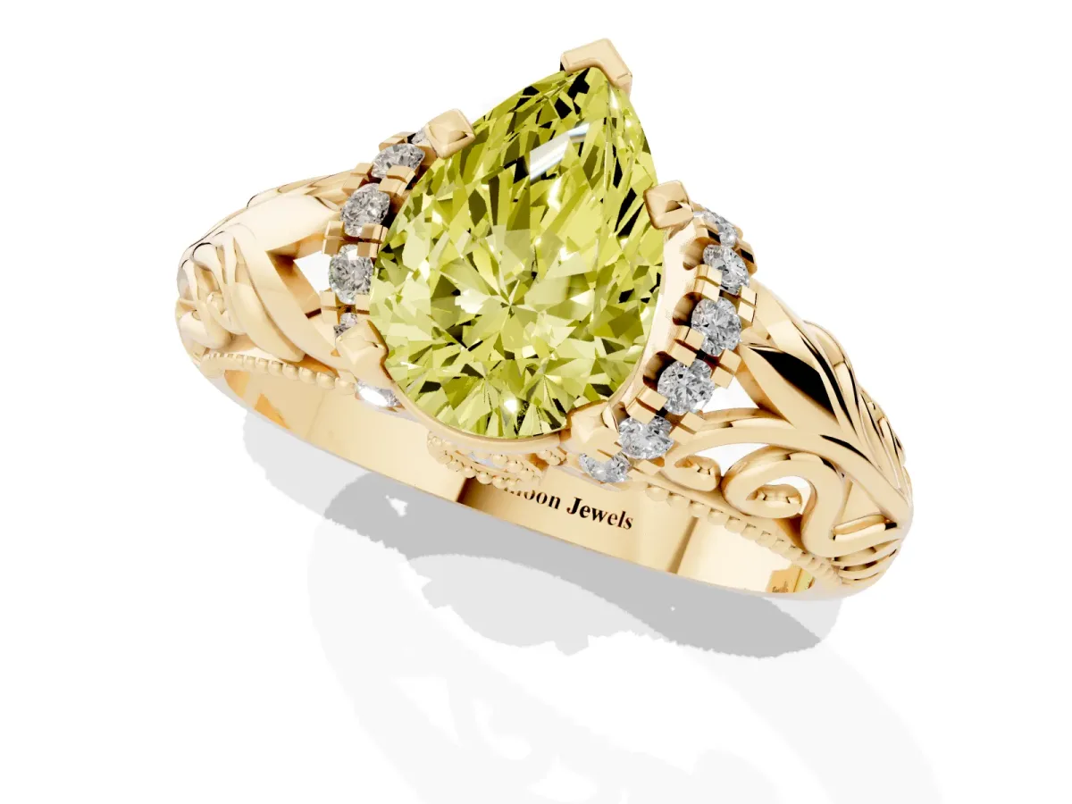 Fancy Yellow Pear Cut Solitaire Filigree Engagement Ring with Halo and Prong Setting Yellow gold