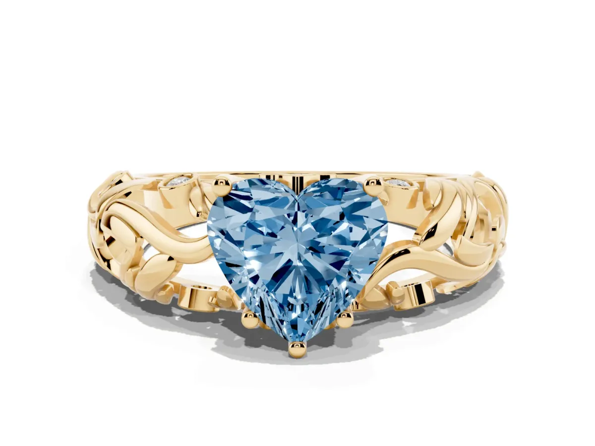 Fancy Blue Heart Cut Solitaire Diamond Leaf-Inspired Vine Band Ring with Prong Setting Yellow gold