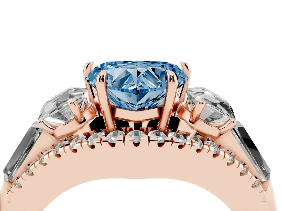 Fancy Blue Three-Stone Heart Cut Diamond Engagement Ring with Pave Band and Prong Setting Rose gold