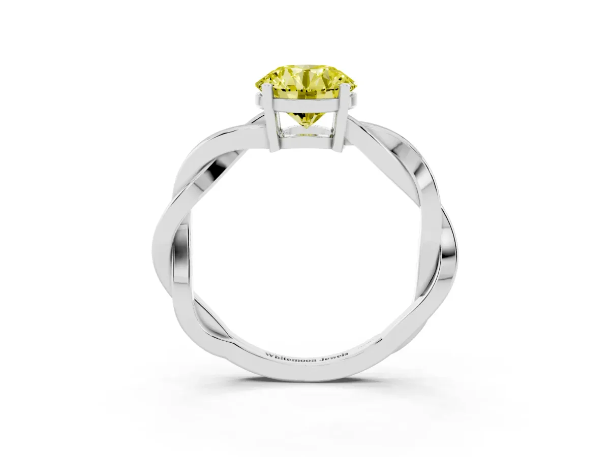 Fancy Yellow Round Cut Solitaire Twisted Pave Diamond Ring with Four-Prong Setting White gold