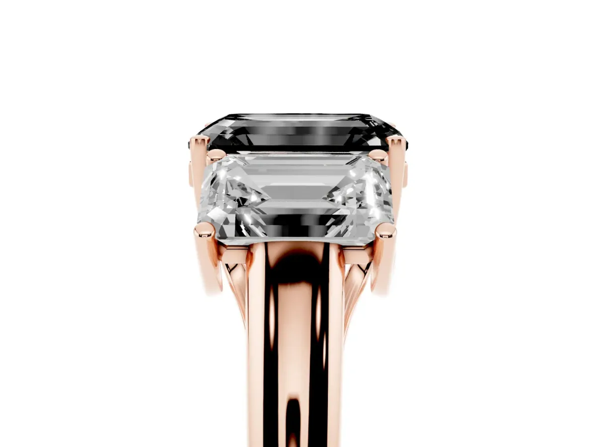 Fancy Black Three-Stone Emerald Cut Diamond Engagement Ring with Prong Setting Rose gold