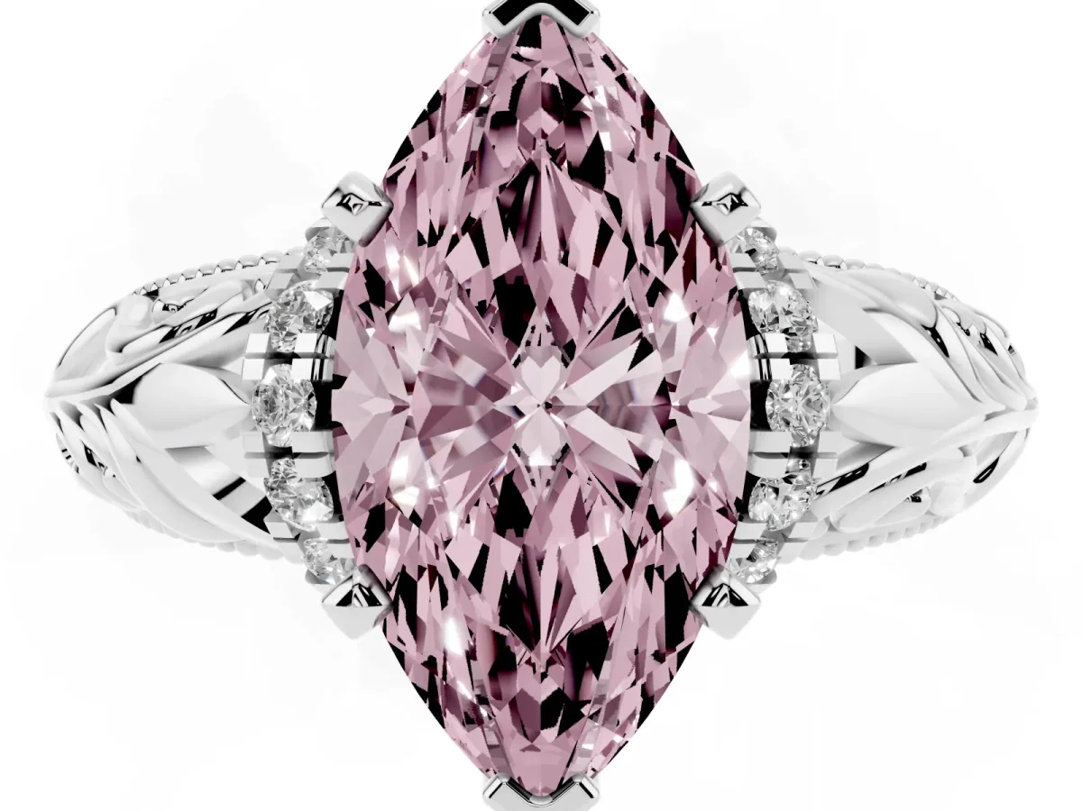 Fancy Pink Marquise Cut Solitaire Filigree Engagement Ring with Halo and Prong Setting Silver