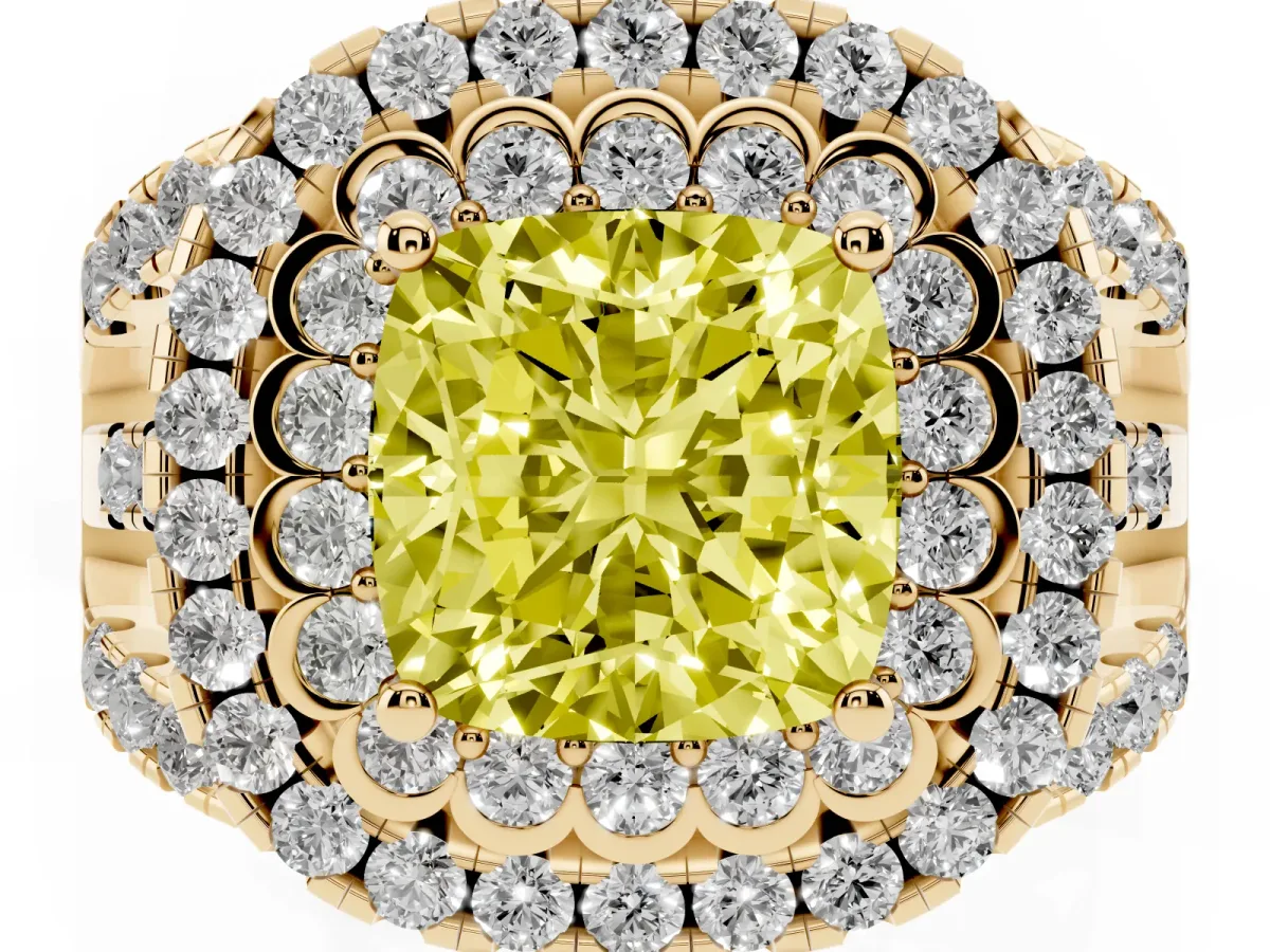 Fancy Yellow Cushion Cut Diamond Double Halo Ring with Round Pavé Split Shank and Prong Setting Yellow gold