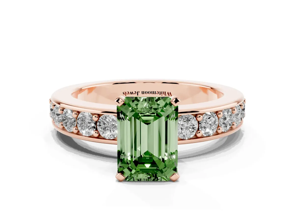 Fancy Green Emerald Cut Diamond Engagement Ring with Channel Set Round Band and Prong Setting Rose gold