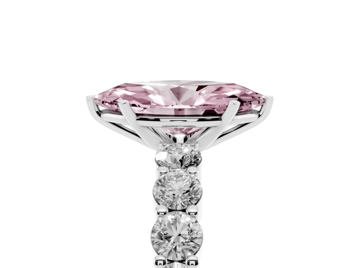 Fancy Pink Marquise Cut Diamond Solitaire Ring with Shared Prong Round Side Stones Platinum