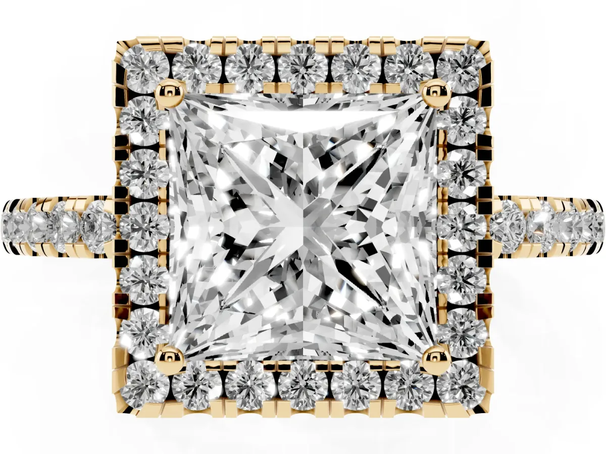 Princess Cut Halo Diamond Engagement Ring with Pavé Band and Four-Prong Setting Yellow gold