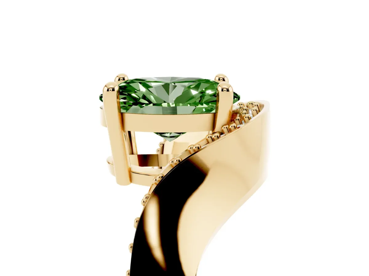 Fancy Green Oval Cut Solitaire Diamond Engagement Ring with Pave Band and Four-Prong Setting Yellow gold