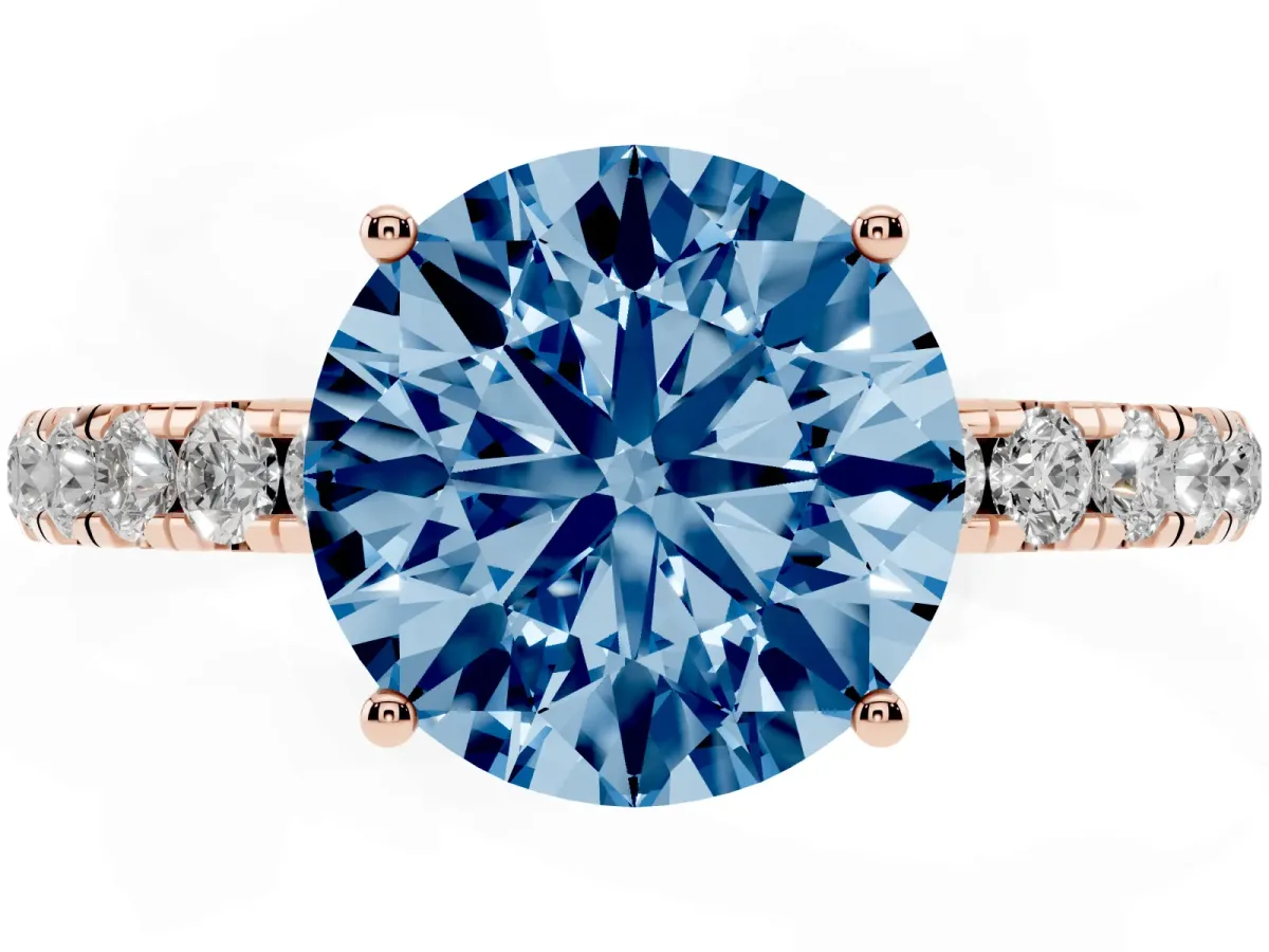Fancy Blue Round Cut Diamond Pavé Solitaire Engagement Ring with Four-Prong Setting Rose gold