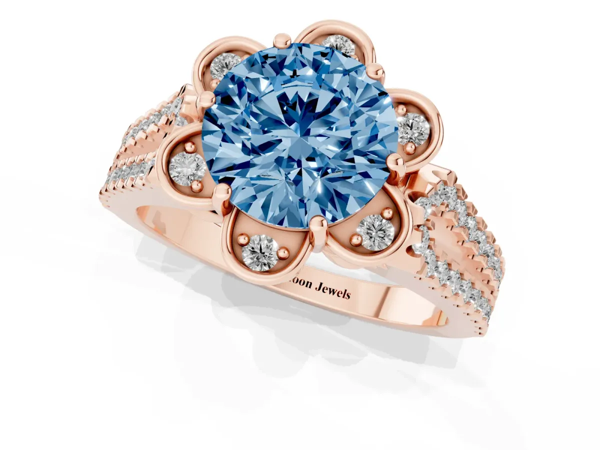 Fancy Blue Round Cut Halo Diamond Floral Split Shank Engagement Ring Rose gold