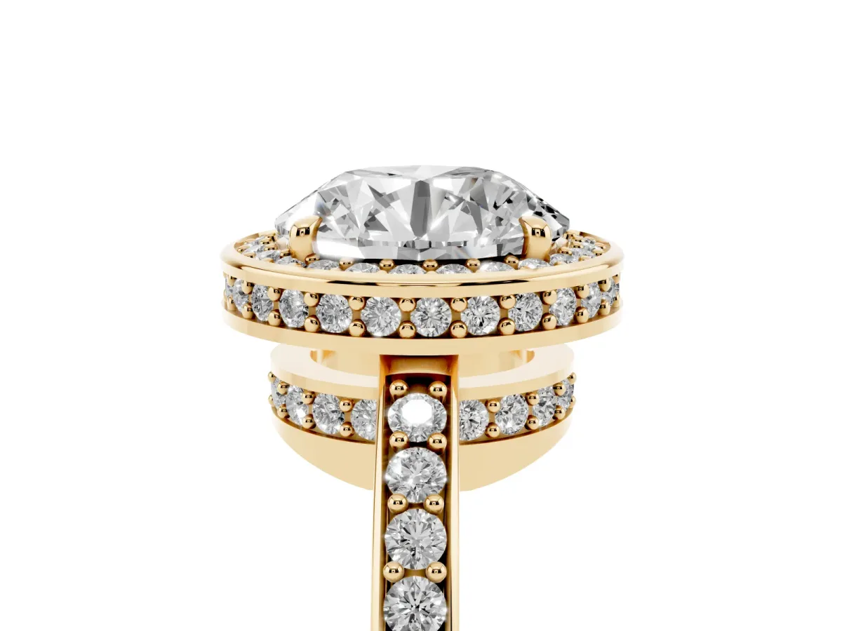 Round Cut Halo Pave Band Solitaire Ring with Prong Setting Yellow gold