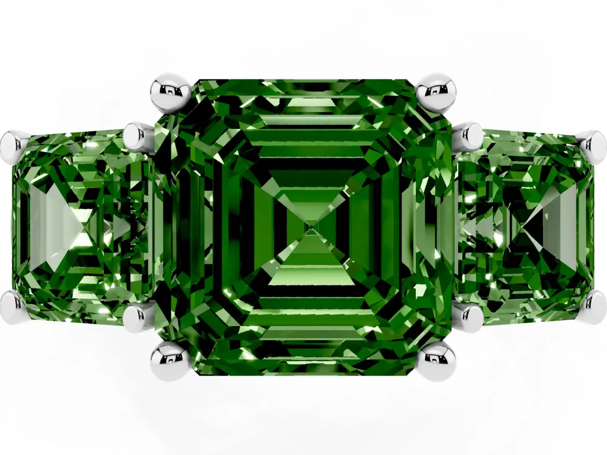 Fancy Green Three-Stone Asscher Cut Brilliant Diamond Trellis Ring with Comfort Fit Band Silver