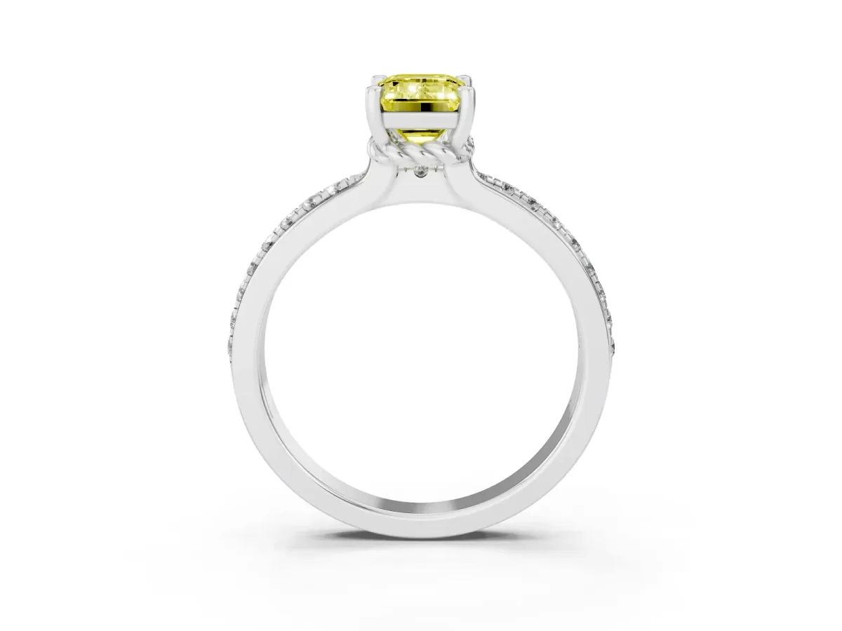 Fancy Yellow Emerald Cut Solitaire Diamond Ring with Channel Set Band and Six-Prong Setting Silver