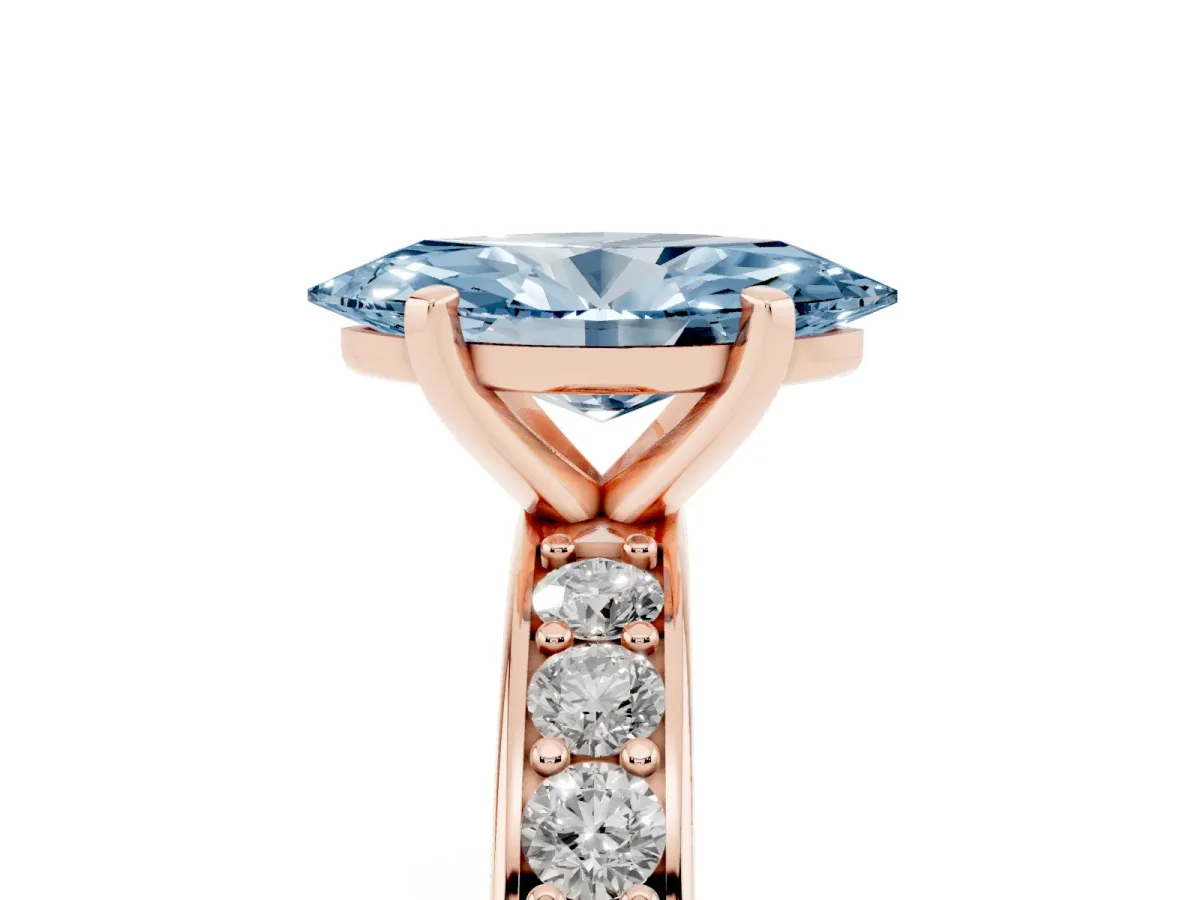 Fancy Blue Marquise Cut Diamond Engagement Ring with Channel Set Round Band and Prong Setting Rose gold