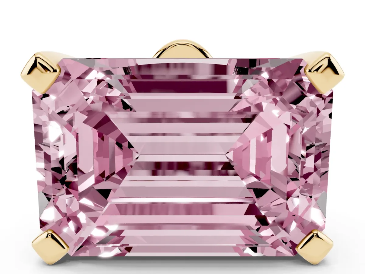 Fancy Pink Emerald Cut Diamond Solitaire Ring with Prong Setting and Classic Band Yellow gold
