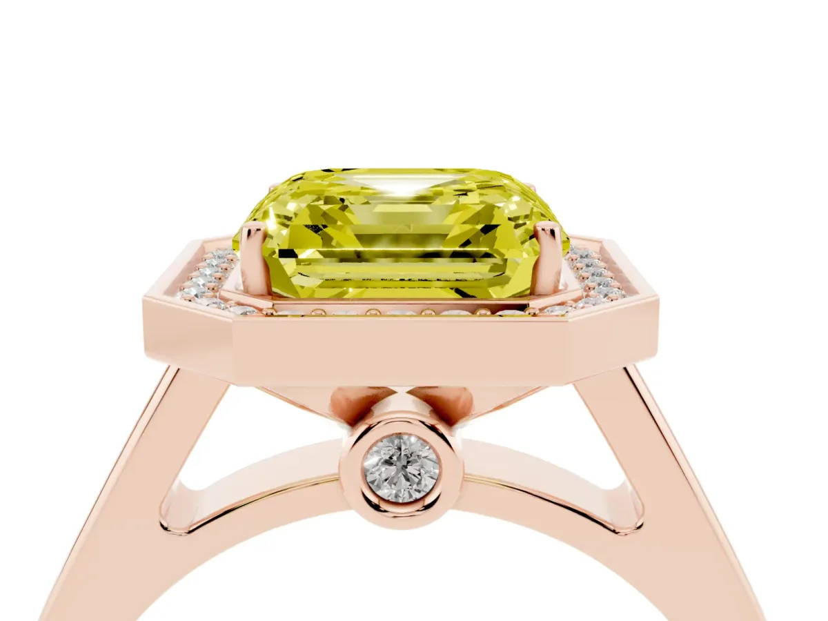 Fancy Yellow Asscher Cut Halo Solitaire Diamond Ring with Pave Band and Bezel Setting Rose gold