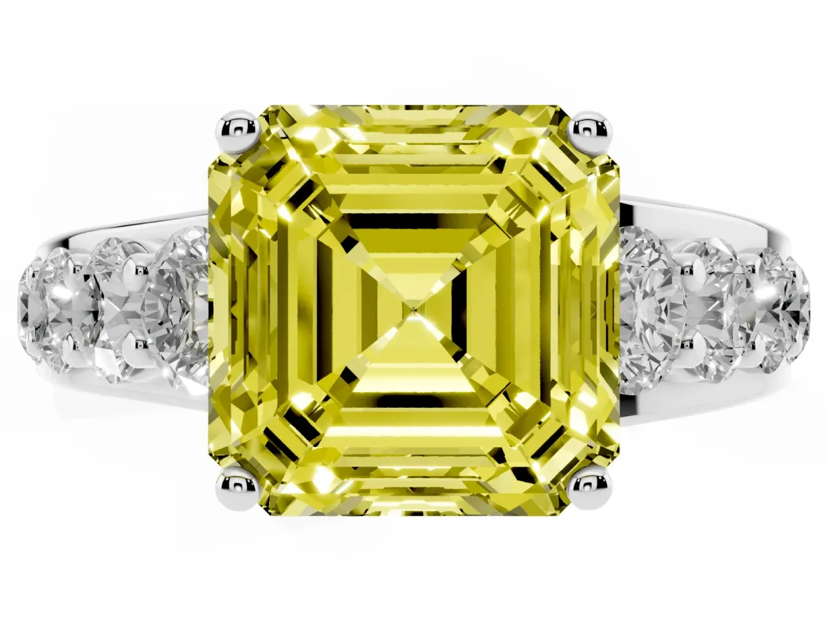 Fancy Yellow Asscher Cut Diamond Engagement Ring with Pavé Band and Four-Prong Setting Silver