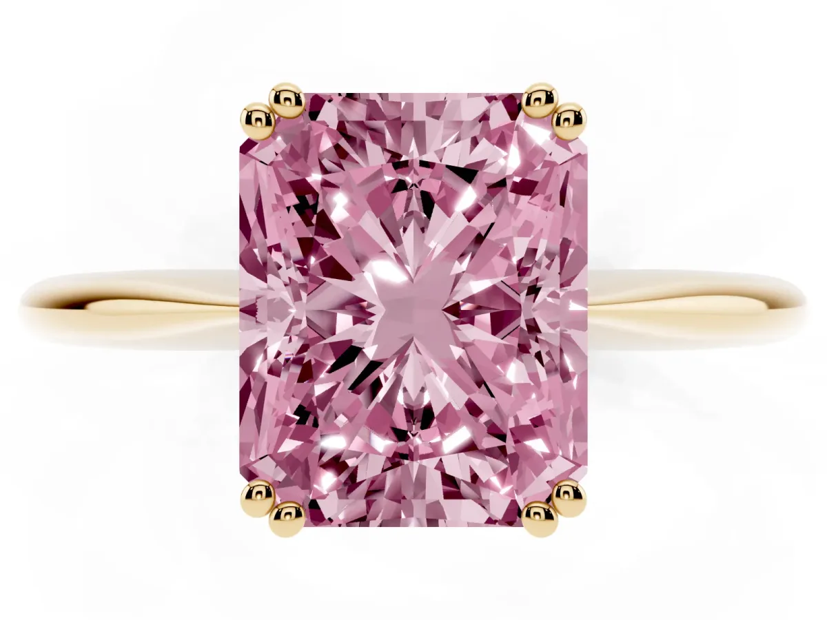 Fancy Pink Radiant Cut Solitaire Diamond Ring with Six-Prong Setting and Classic Band Yellow gold