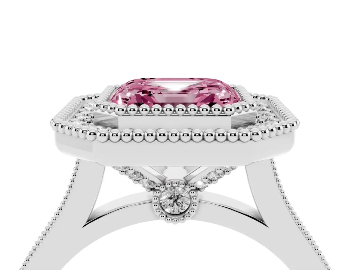 Fancy Pink Asscher Cut Diamond Halo Ring with Milgrain Frame and Pavé Band Silver