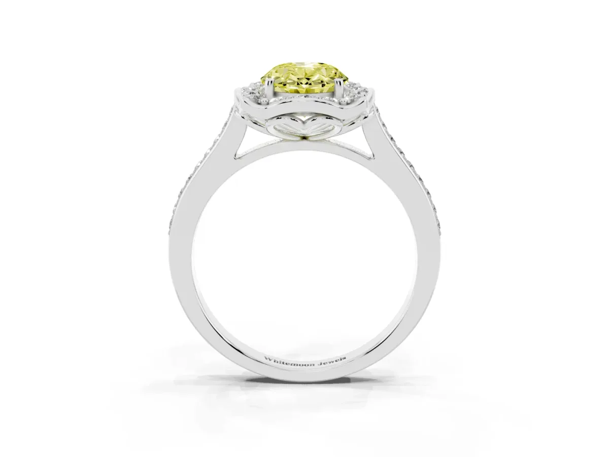 Fancy Yellow Oval Cut Halo Round Diamond Pave Band with Four-Prong Setting Silver