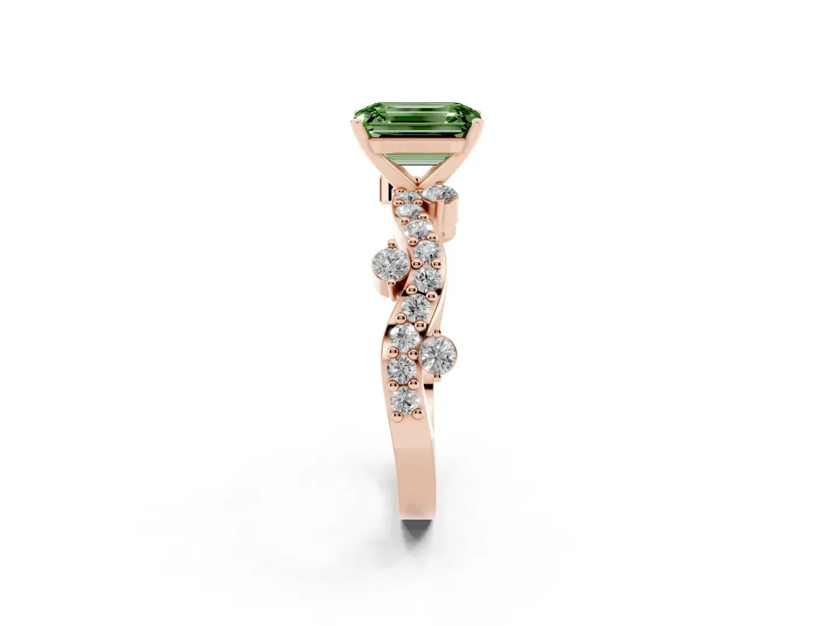 Fancy Green Emerald Cut Cut Solitaire Diamond Twisted Band with Pave Setting Rose gold
