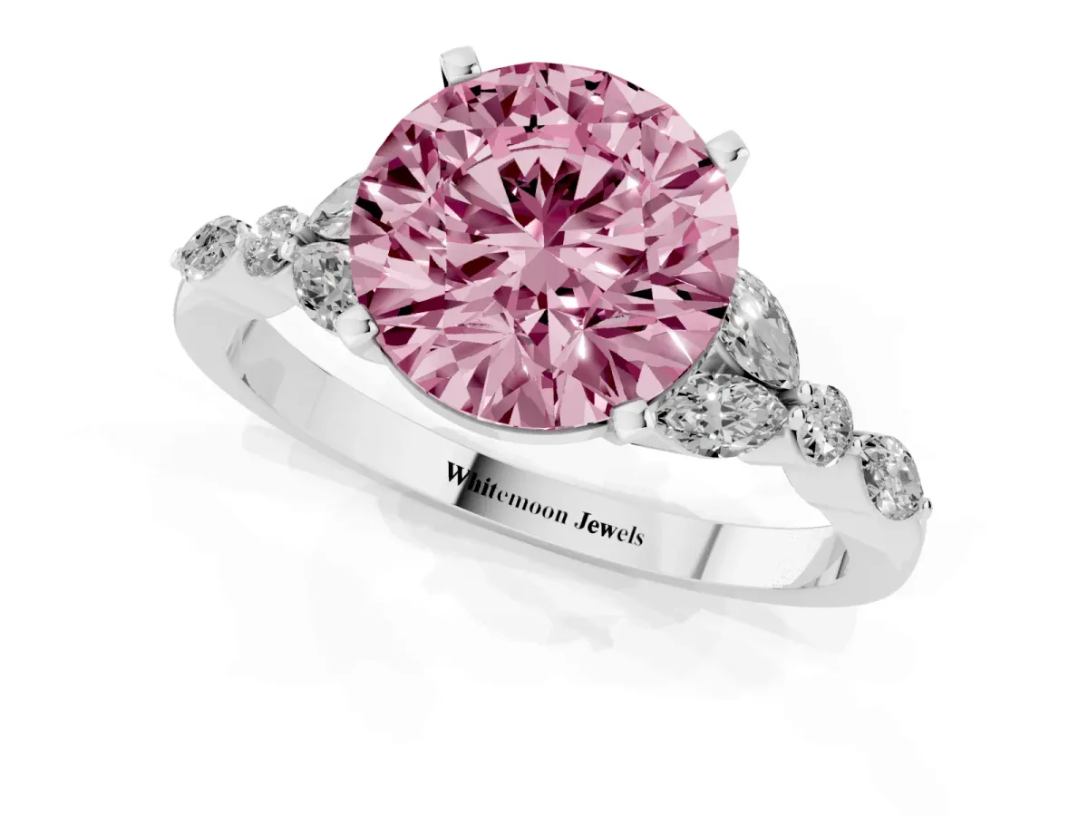 Fancy Pink Round Cut Diamond Solitaire Ring with Side Stones and Four-Prong Setting Platinum