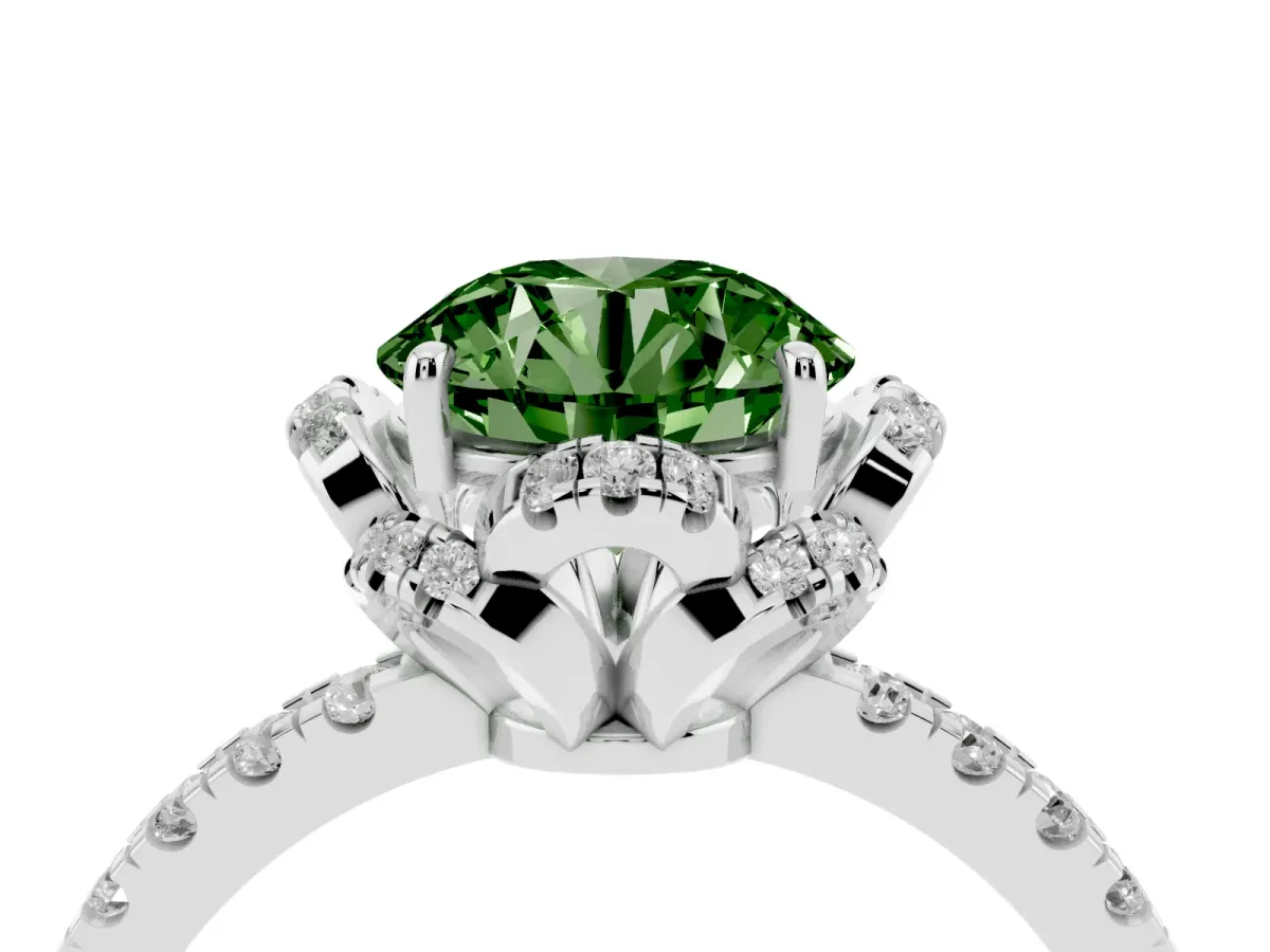 Fancy Green Round Cut Diamond Halo Pave Band with Four-Prong Setting Silver