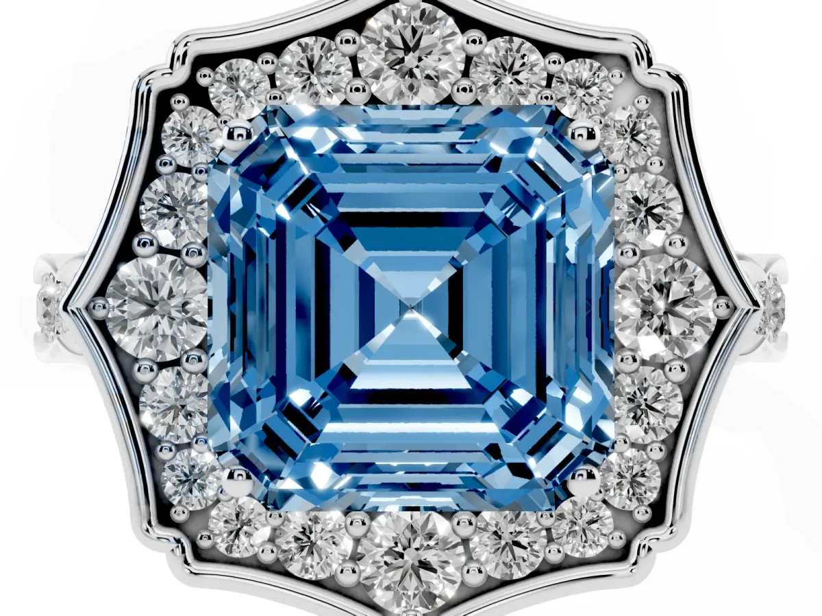 Fancy Blue Asscher Cut Halo Diamond Engagement Ring with Milgrain Band and Four-Prong Setting Platinum