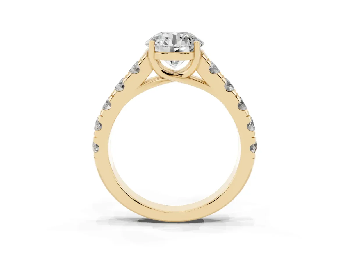 Round Cut Cut Diamond Solitaire Ring with Micro Pave Band and Prong Setting Yellow gold