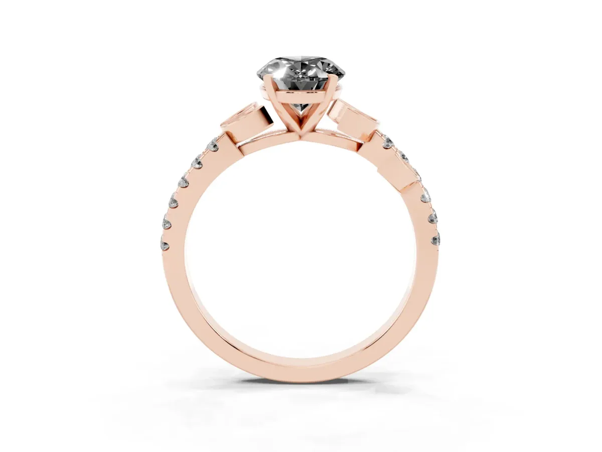 Fancy Black Oval Cut Solitaire Leaf-Inspired Diamond Ring with Pavé Band and Four-Prong Setting Rose gold