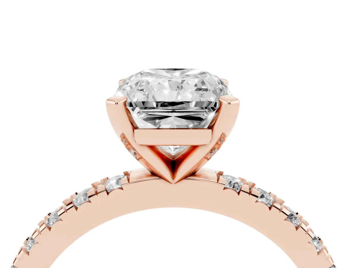 Radiant Cut Diamond Pavé Band Solitaire with Four-Prong Setting Rose gold