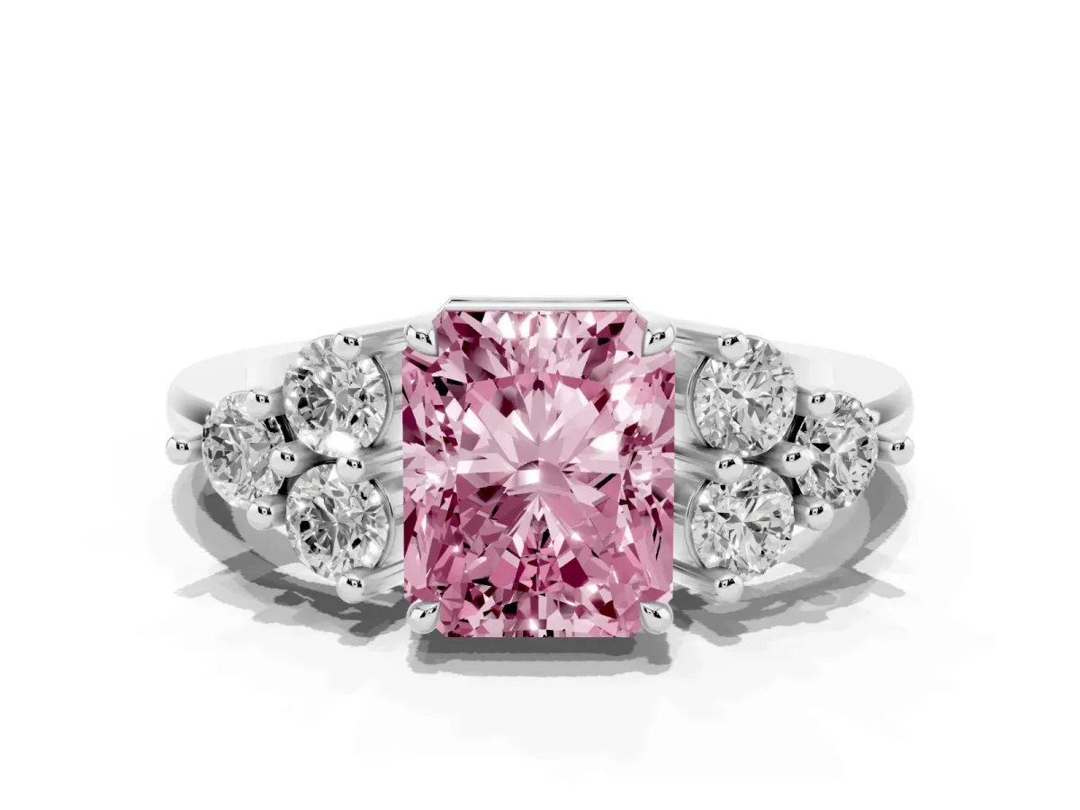 Fancy Pink Radiant Cut Brilliant Diamond Cluster Accent Solitaire Ring with Prong Setting Silver