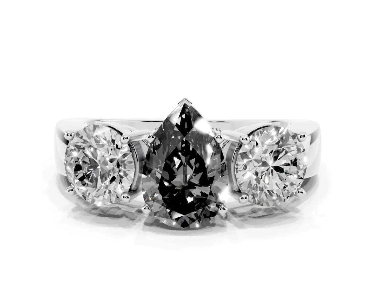 Fancy Black Three-Stone Pear Cut Diamond Ring with Round Side Stones, Classic Band, and Four-Prong Setting Silver