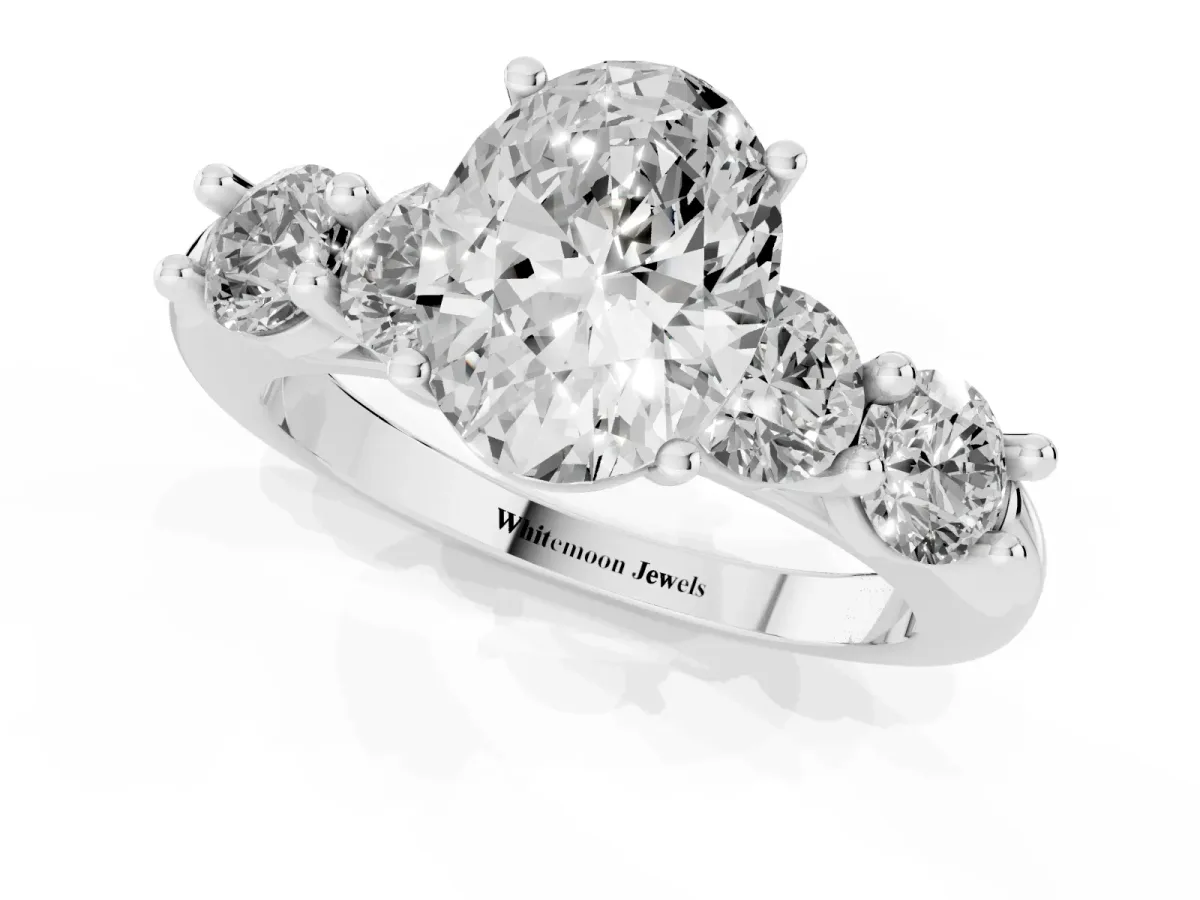 Oval Cut Cut Five-Stone Prong Set Diamond Ring with Classic Band Platinum