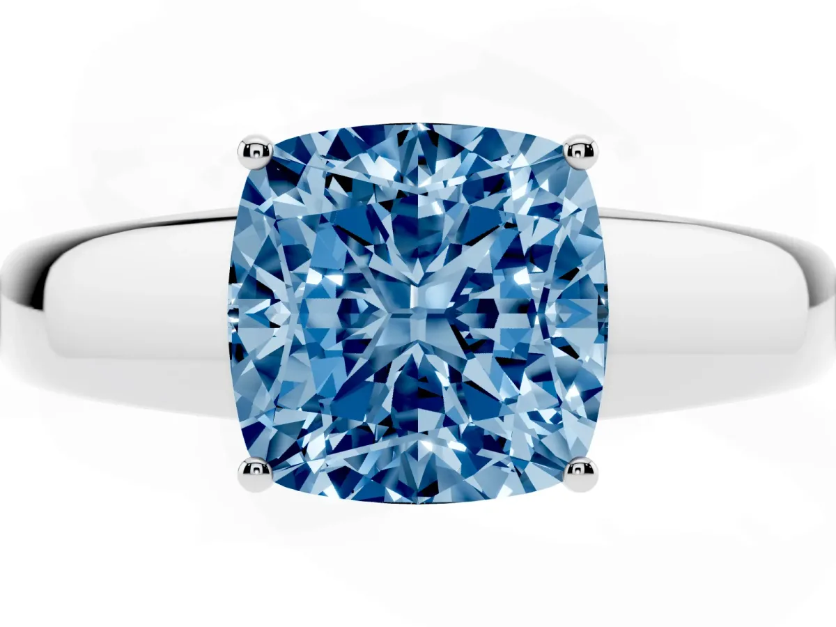Fancy Blue Cushion Cut Solitaire Diamond Ring with Tapered Band and Four-Prong Setting Platinum