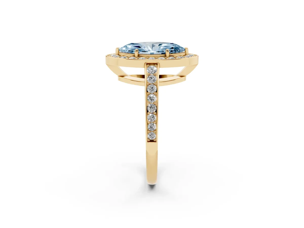 Fancy Blue Marquise Cut Halo Pavé Diamond Engagement Ring with Bezel Setting Yellow gold