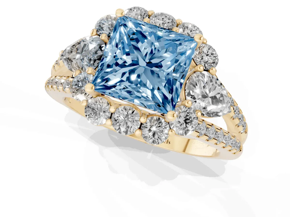 Fancy Blue Princess Cut Halo Split Shank Diamond Engagement Ring with Prong Setting Yellow gold