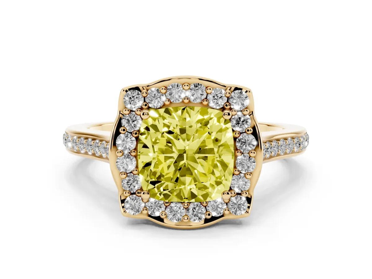 Fancy Yellow Cushion Cut Halo Round Diamond Pave Band with Four-Prong Setting Yellow gold