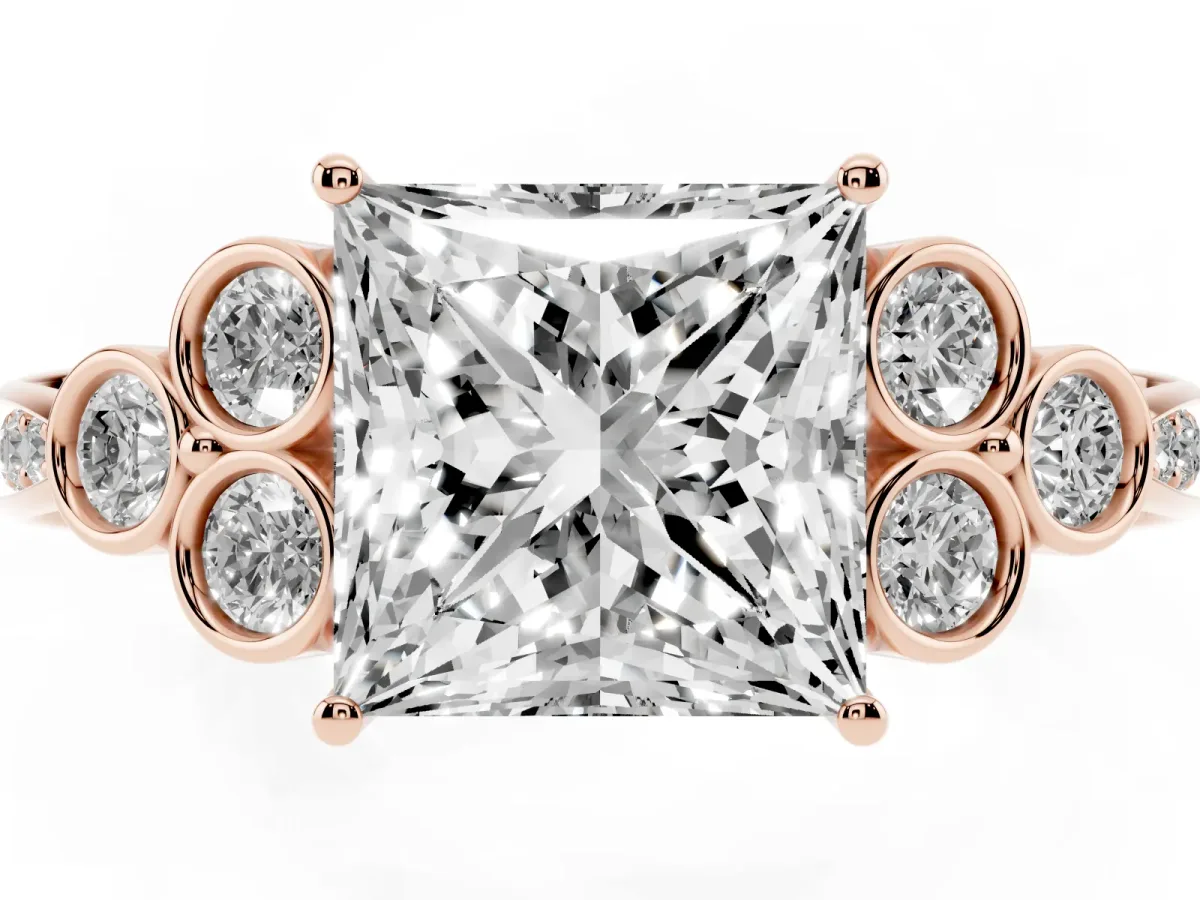 Princess Cut Cut Diamond Engagement Ring with Bezel Set Round Side Stones and Prong Setting Rose gold