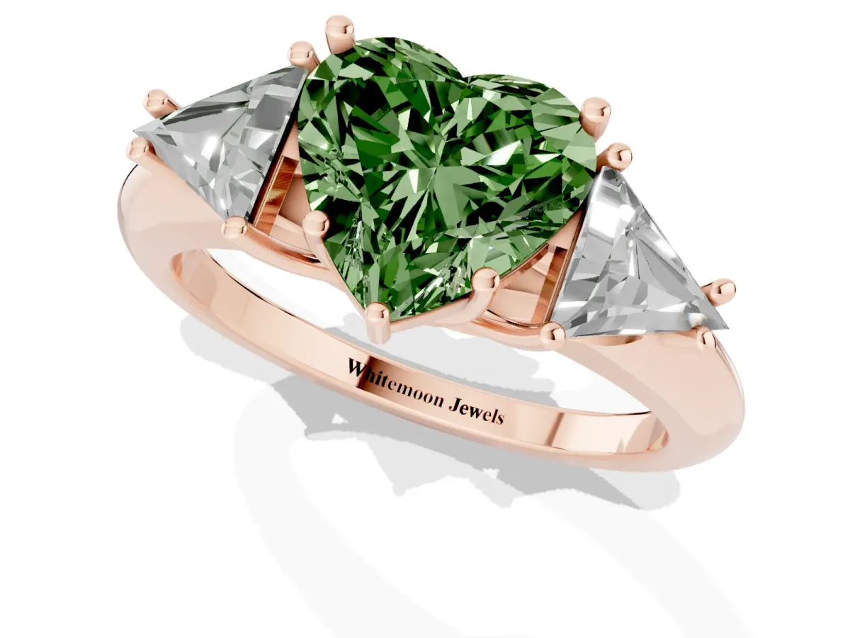 Fancy Green Three-Stone Heart Cut Diamond Engagement Ring with Trillion Side Stones and Prong Setting Rose gold