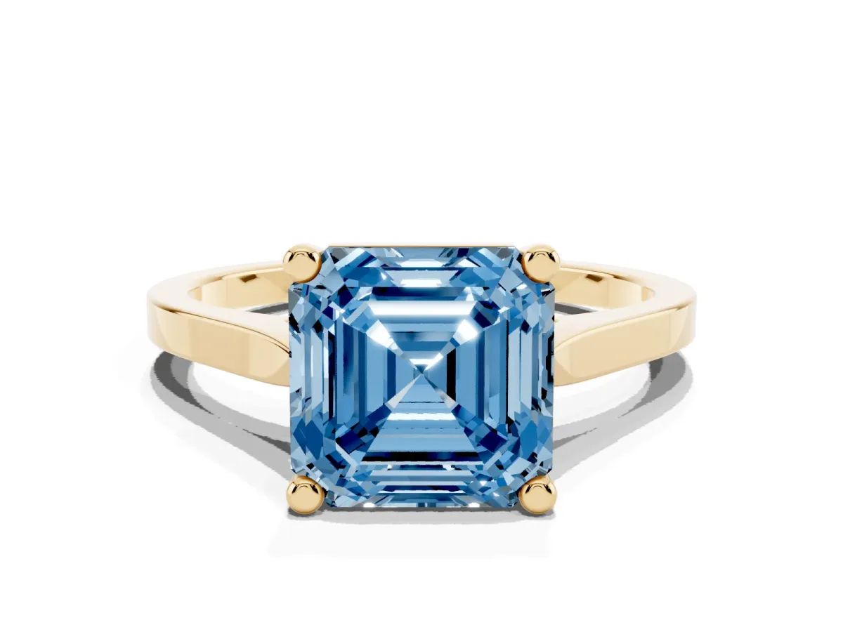 Fancy Blue Asscher Cut Solitaire Diamond Ring with Four-Prong Setting and Tapered Band Yellow gold